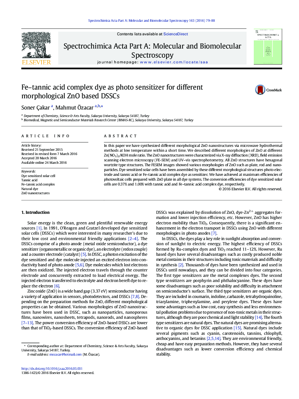 Fe–tannic acid complex dye as photo sensitizer for different morphological ZnO based DSSCs