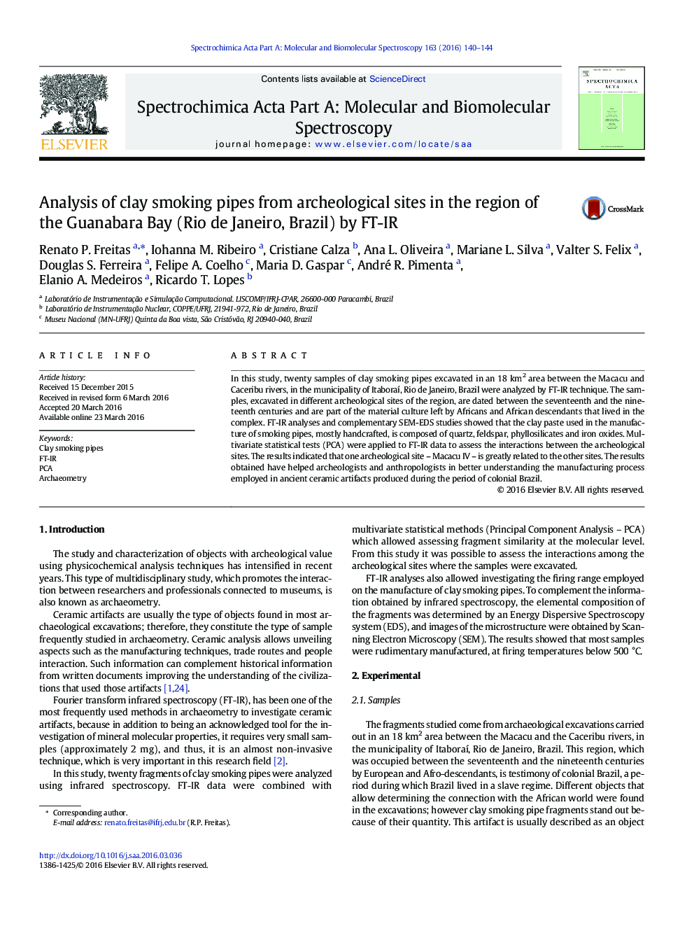 Analysis of clay smoking pipes from archeological sites in the region of the Guanabara Bay (Rio de Janeiro, Brazil) by FT-IR