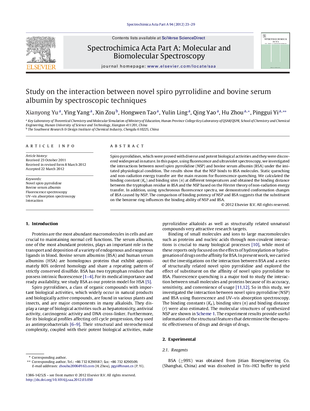 Study on the interaction between novel spiro pyrrolidine and bovine serum albumin by spectroscopic techniques