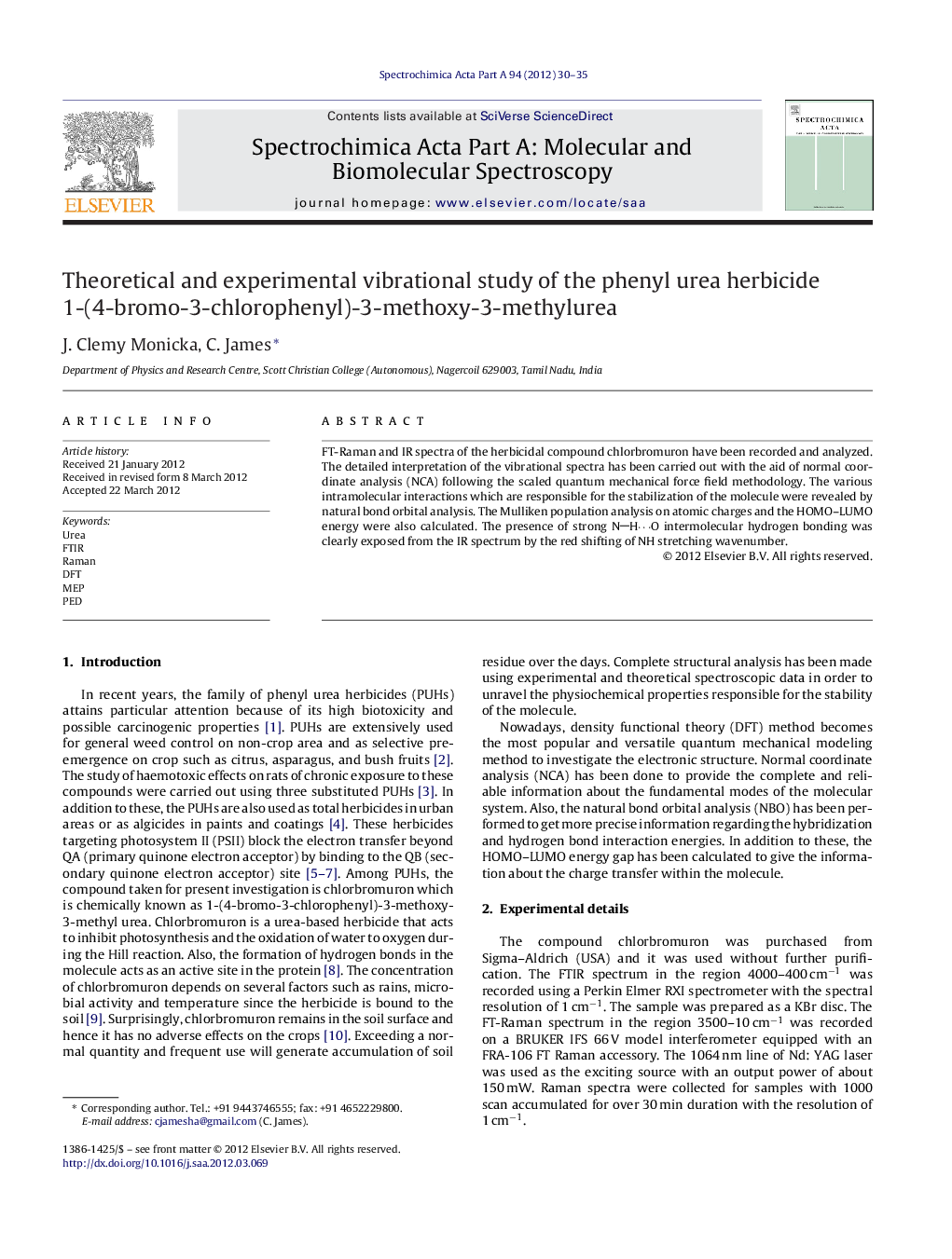 Theoretical and experimental vibrational study of the phenyl urea herbicide 1-(4-bromo-3-chlorophenyl)-3-methoxy-3-methylurea