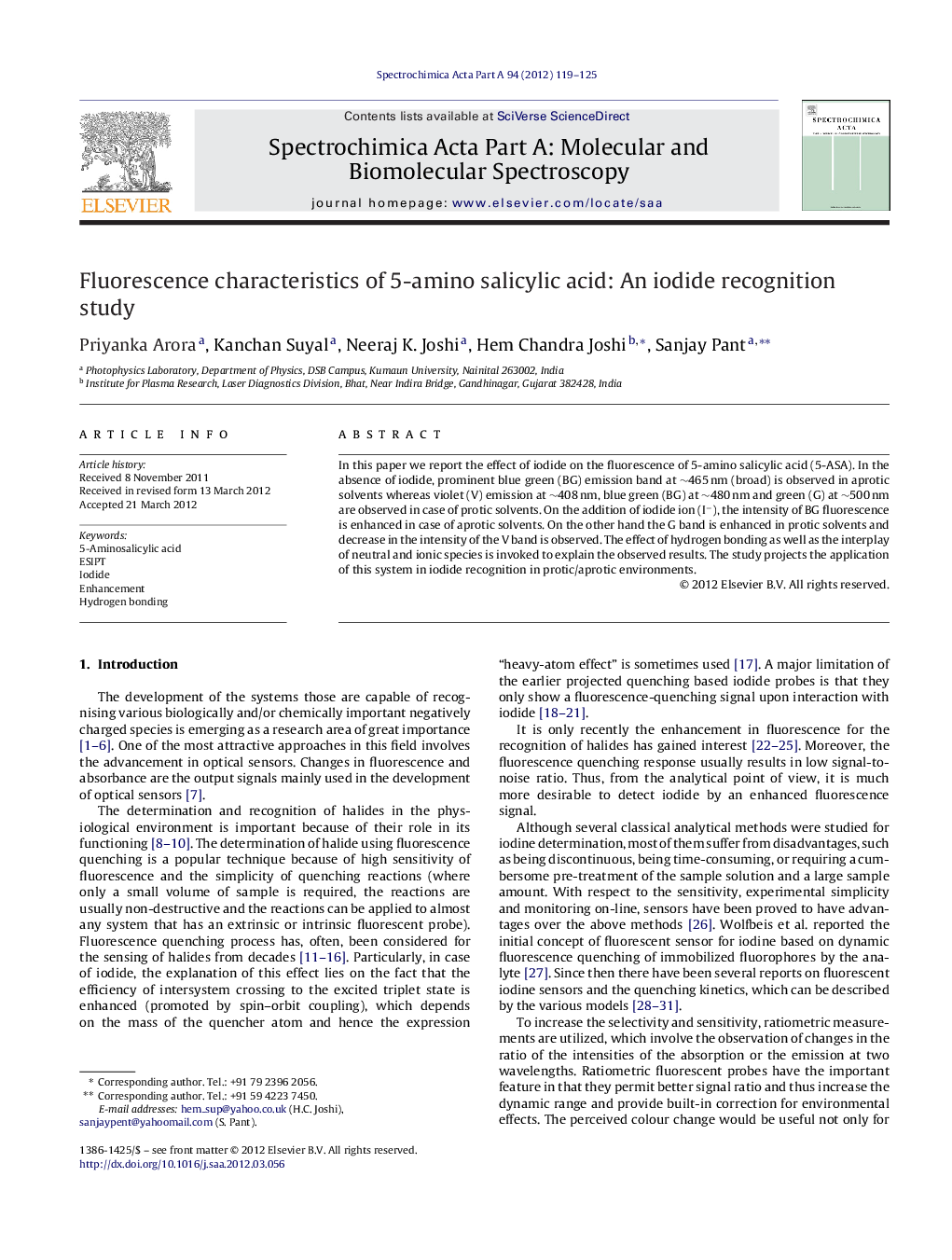 Fluorescence characteristics of 5-amino salicylic acid: An iodide recognition study