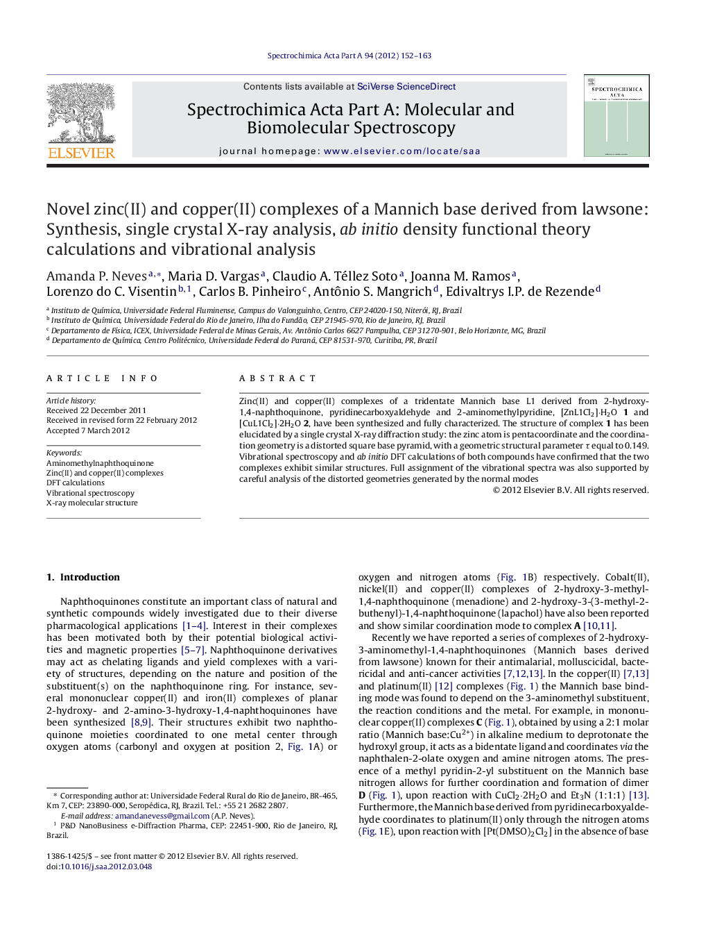 Novel zinc(II) and copper(II) complexes of a Mannich base derived from lawsone: Synthesis, single crystal X-ray analysis, ab initio density functional theory calculations and vibrational analysis