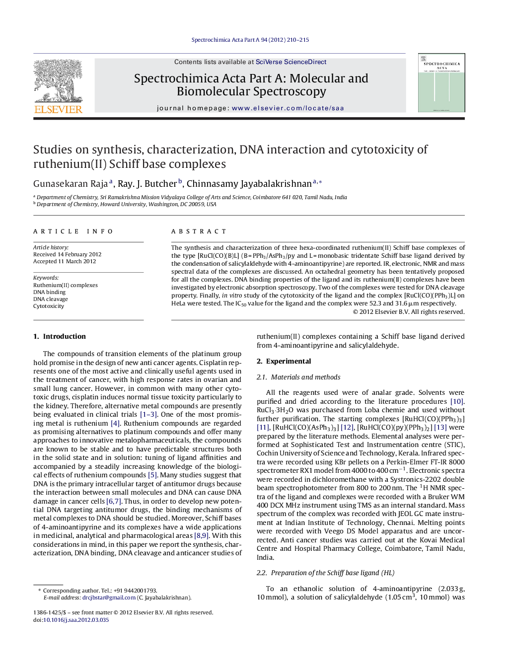 Studies on synthesis, characterization, DNA interaction and cytotoxicity of ruthenium(II) Schiff base complexes