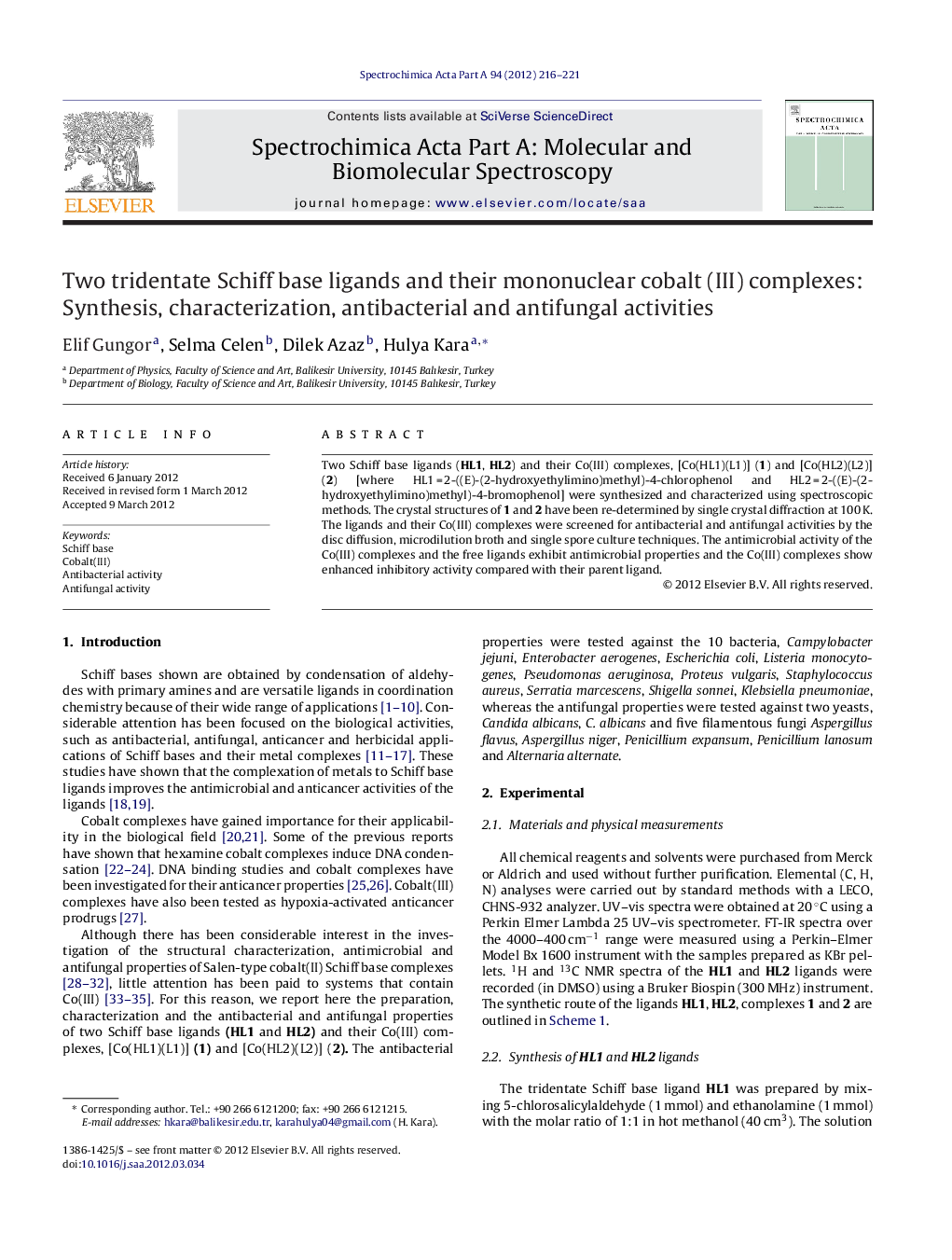 Two tridentate Schiff base ligands and their mononuclear cobalt (III) complexes: Synthesis, characterization, antibacterial and antifungal activities