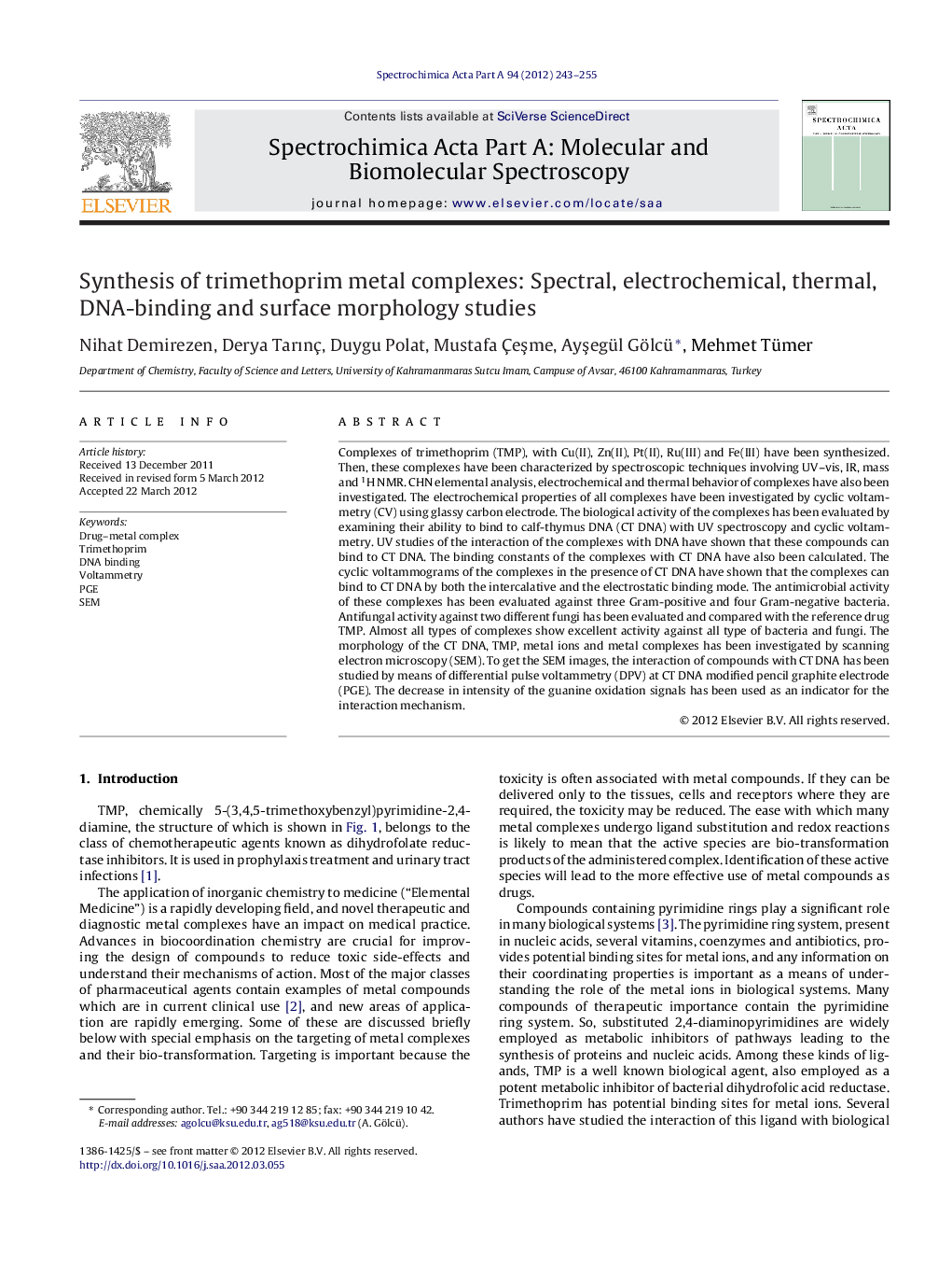 Synthesis of trimethoprim metal complexes: Spectral, electrochemical, thermal, DNA-binding and surface morphology studies