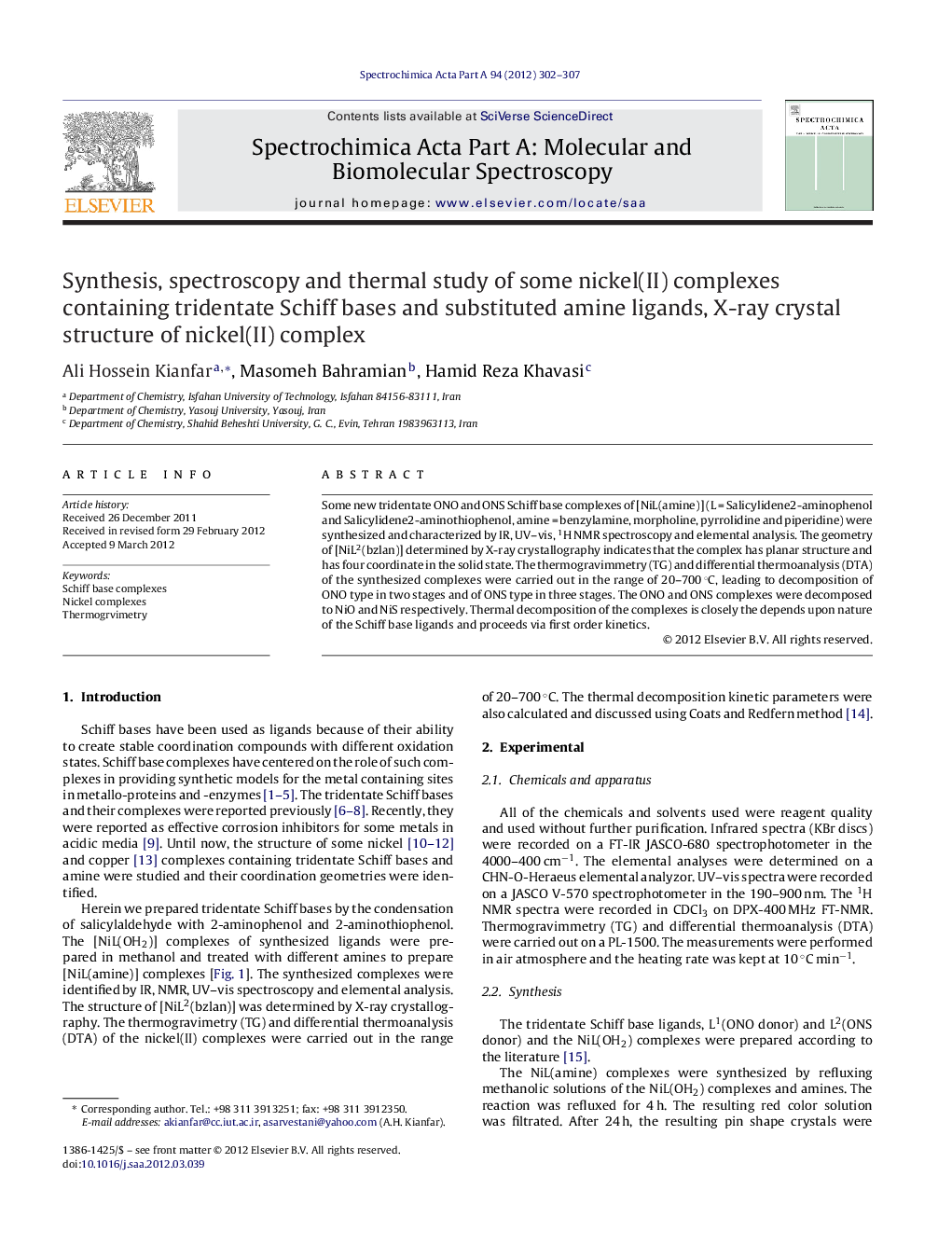 Synthesis, spectroscopy and thermal study of some nickel(II) complexes containing tridentate Schiff bases and substituted amine ligands, X-ray crystal structure of nickel(II) complex