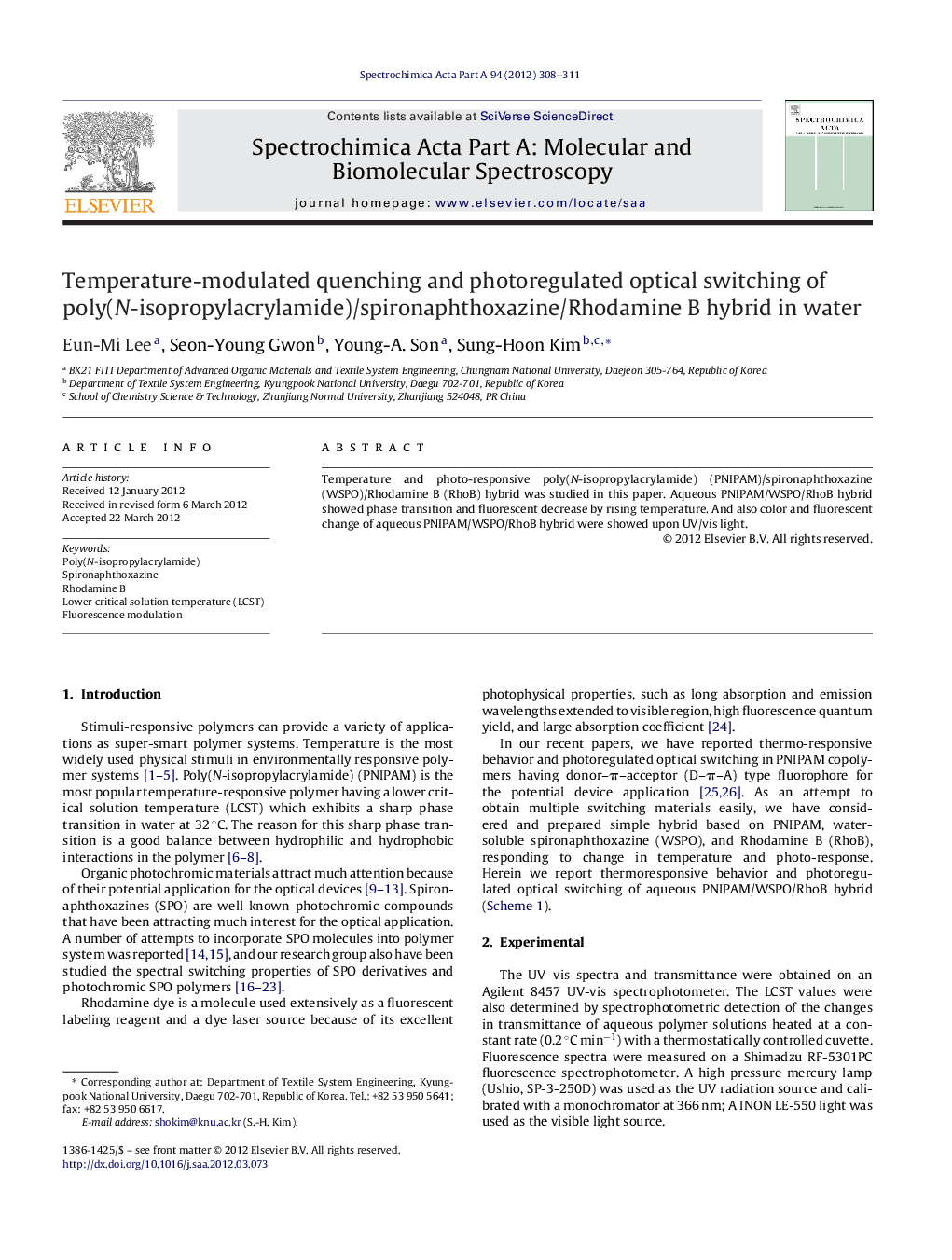 Temperature-modulated quenching and photoregulated optical switching of poly(N-isopropylacrylamide)/spironaphthoxazine/Rhodamine B hybrid in water