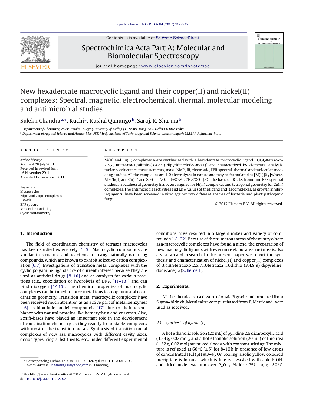 New hexadentate macrocyclic ligand and their copper(II) and nickel(II) complexes: Spectral, magnetic, electrochemical, thermal, molecular modeling and antimicrobial studies