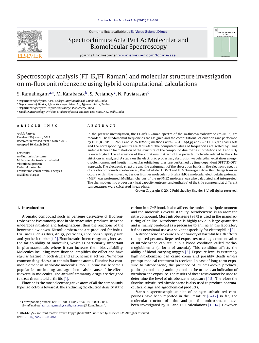 Spectroscopic analysis (FT-IR/FT-Raman) and molecular structure investigation on m-fluoronitrobenzene using hybrid computational calculations