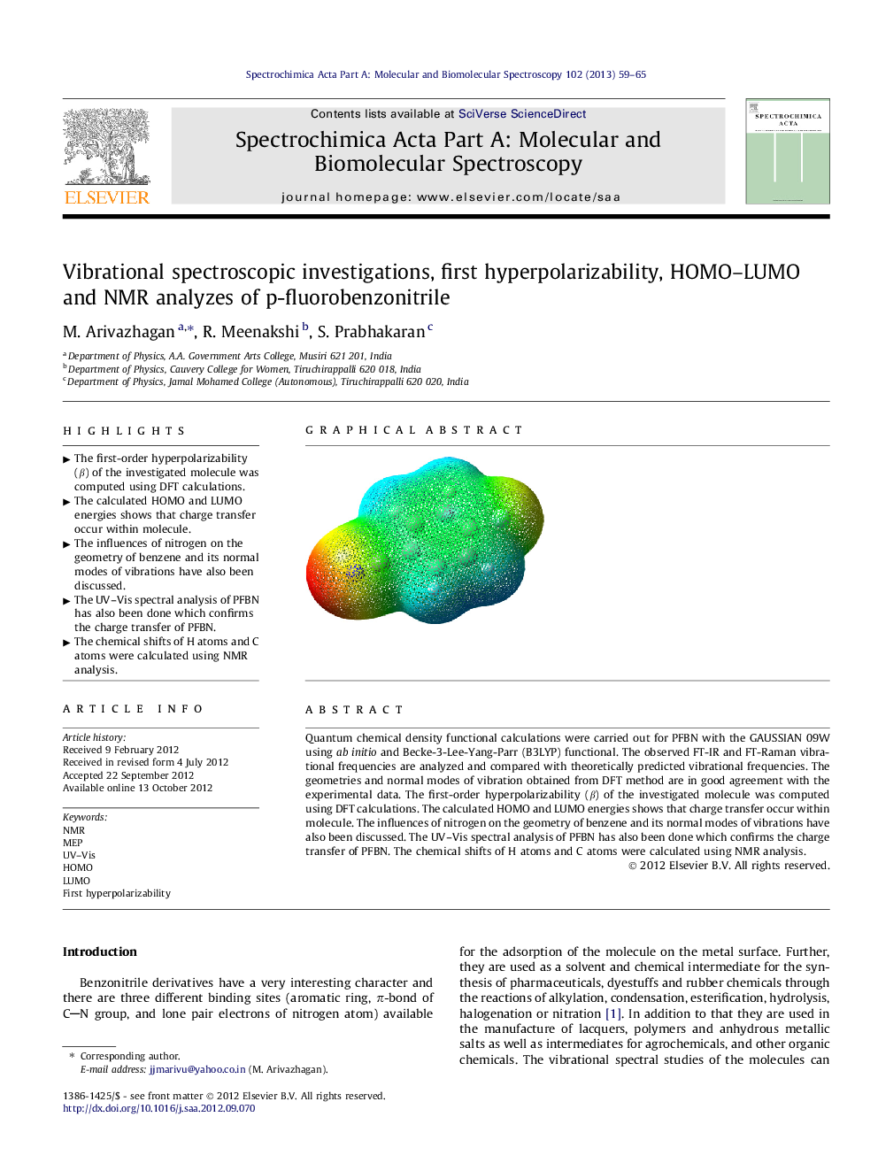 Vibrational spectroscopic investigations, first hyperpolarizability, HOMO–LUMO and NMR analyzes of p-fluorobenzonitrile