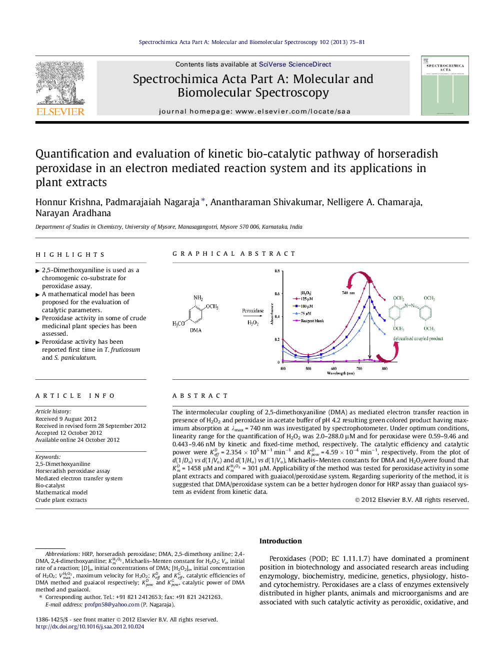 Quantification and evaluation of kinetic bio-catalytic pathway of horseradish peroxidase in an electron mediated reaction system and its applications in plant extracts