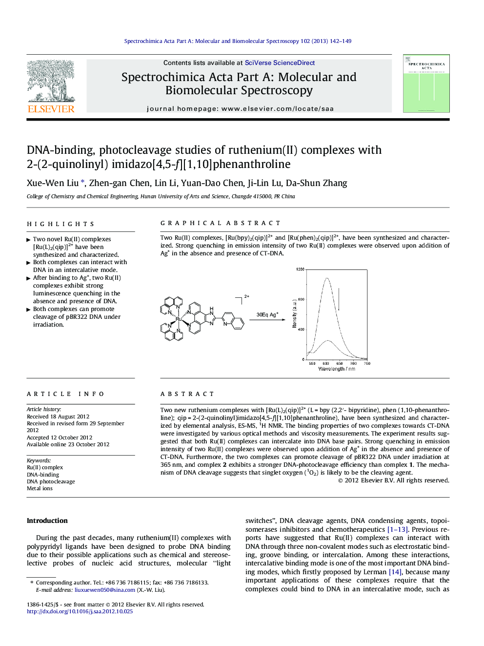 DNA-binding, photocleavage studies of ruthenium(II) complexes with 2-(2-quinolinyl) imidazo[4,5-f][1,10]phenanthroline