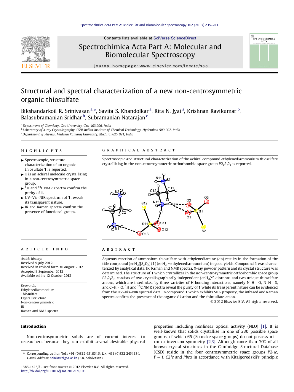 Structural and spectral characterization of a new non-centrosymmetric organic thiosulfate