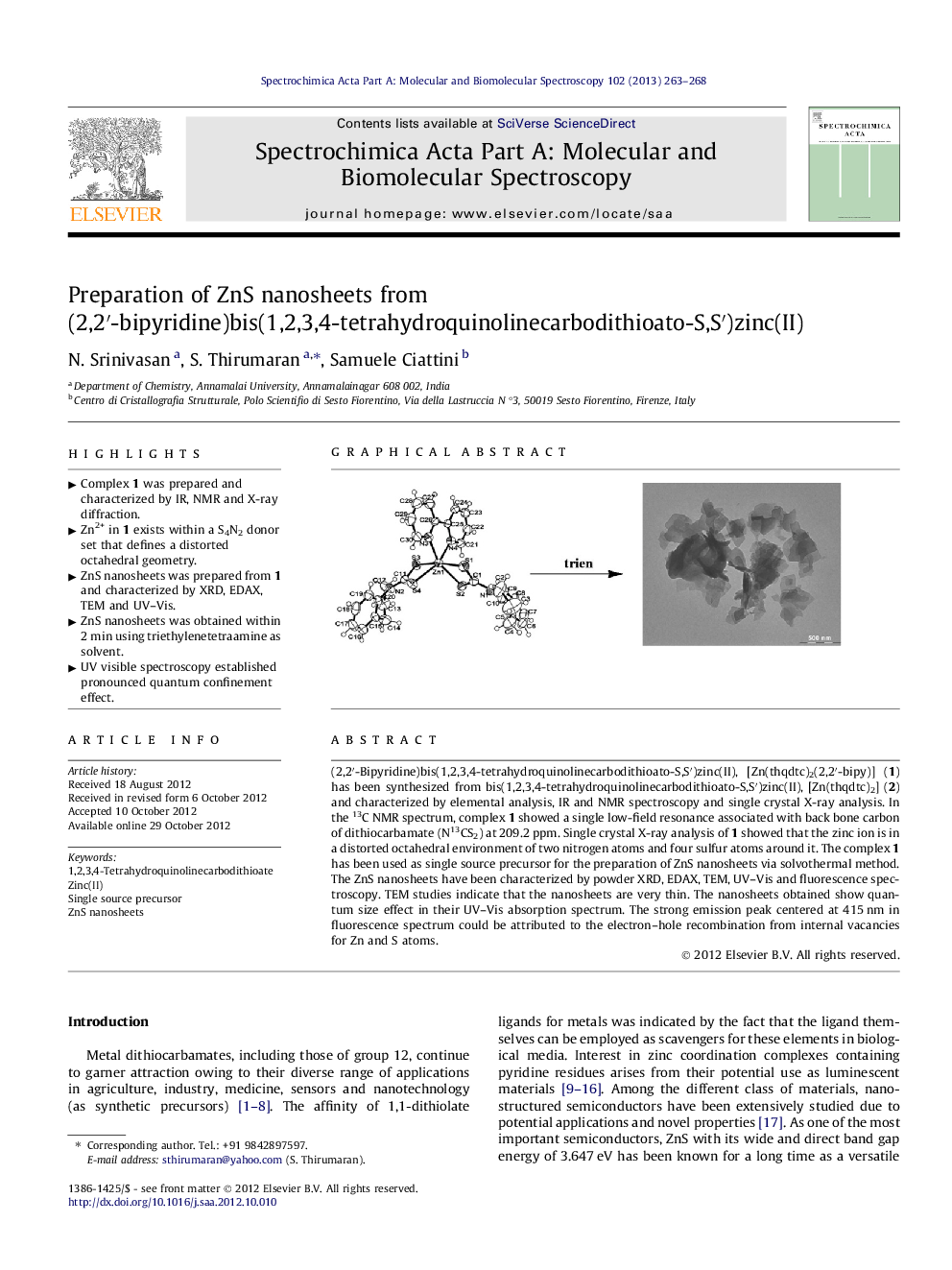 Preparation of ZnS nanosheets from (2,2′-bipyridine)bis(1,2,3,4-tetrahydroquinolinecarbodithioato-S,S′)zinc(II)