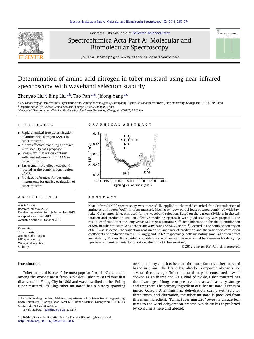 Determination of amino acid nitrogen in tuber mustard using near-infrared spectroscopy with waveband selection stability