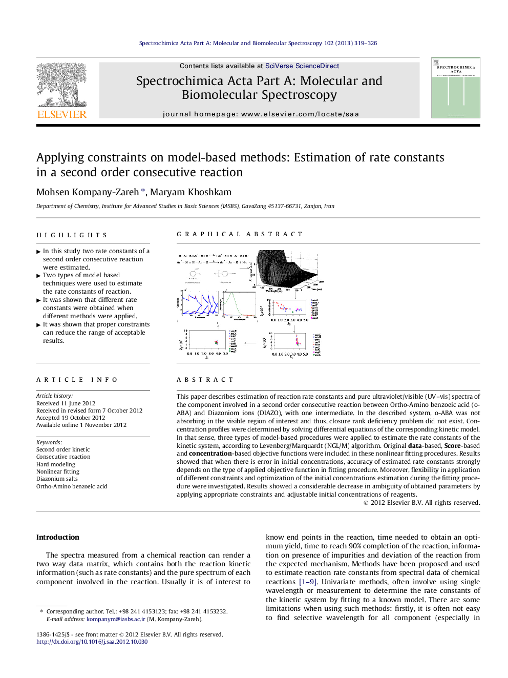 Applying constraints on model-based methods: Estimation of rate constants in a second order consecutive reaction