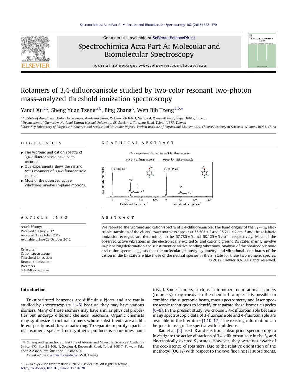 Rotamers of 3,4-difluoroanisole studied by two-color resonant two-photon mass-analyzed threshold ionization spectroscopy