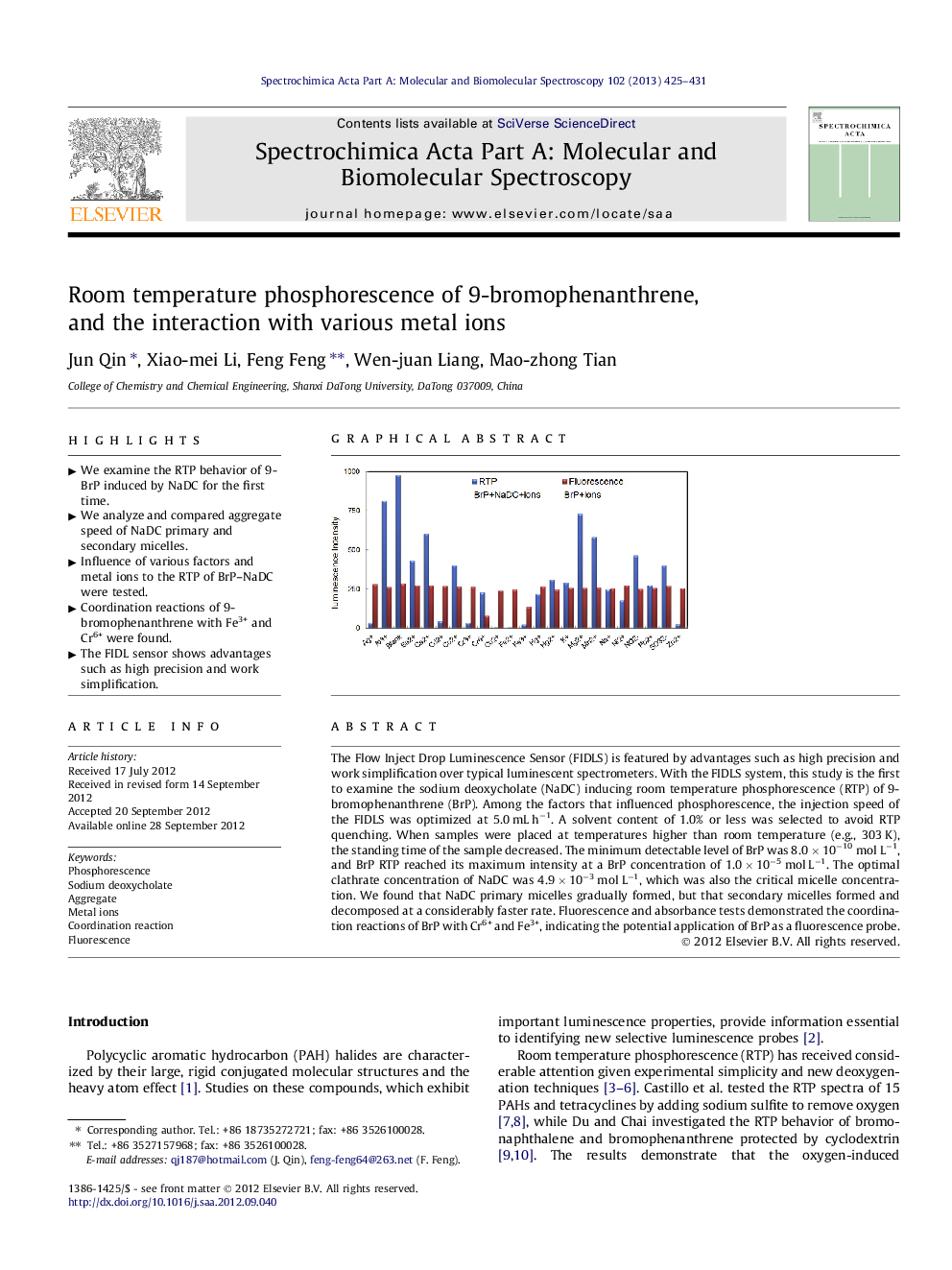 Room temperature phosphorescence of 9-bromophenanthrene, and the interaction with various metal ions