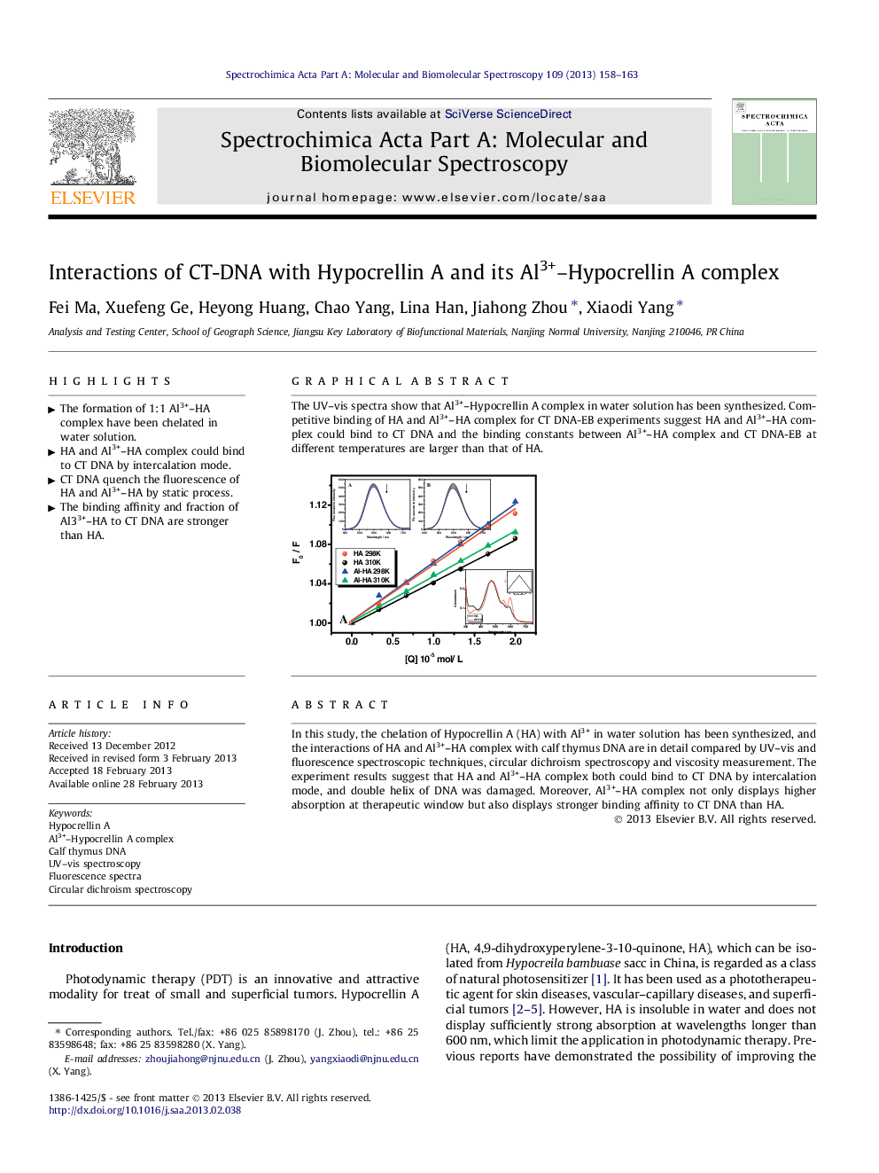 Interactions of CT-DNA with Hypocrellin A and its Al3+-Hypocrellin A complex