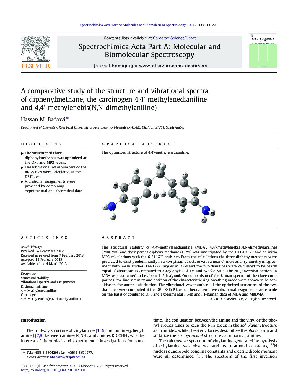 A comparative study of the structure and vibrational spectra of diphenylmethane, the carcinogen 4,4′-methylenedianiline and 4,4′-methylenebis(N,N-dimethylaniline)