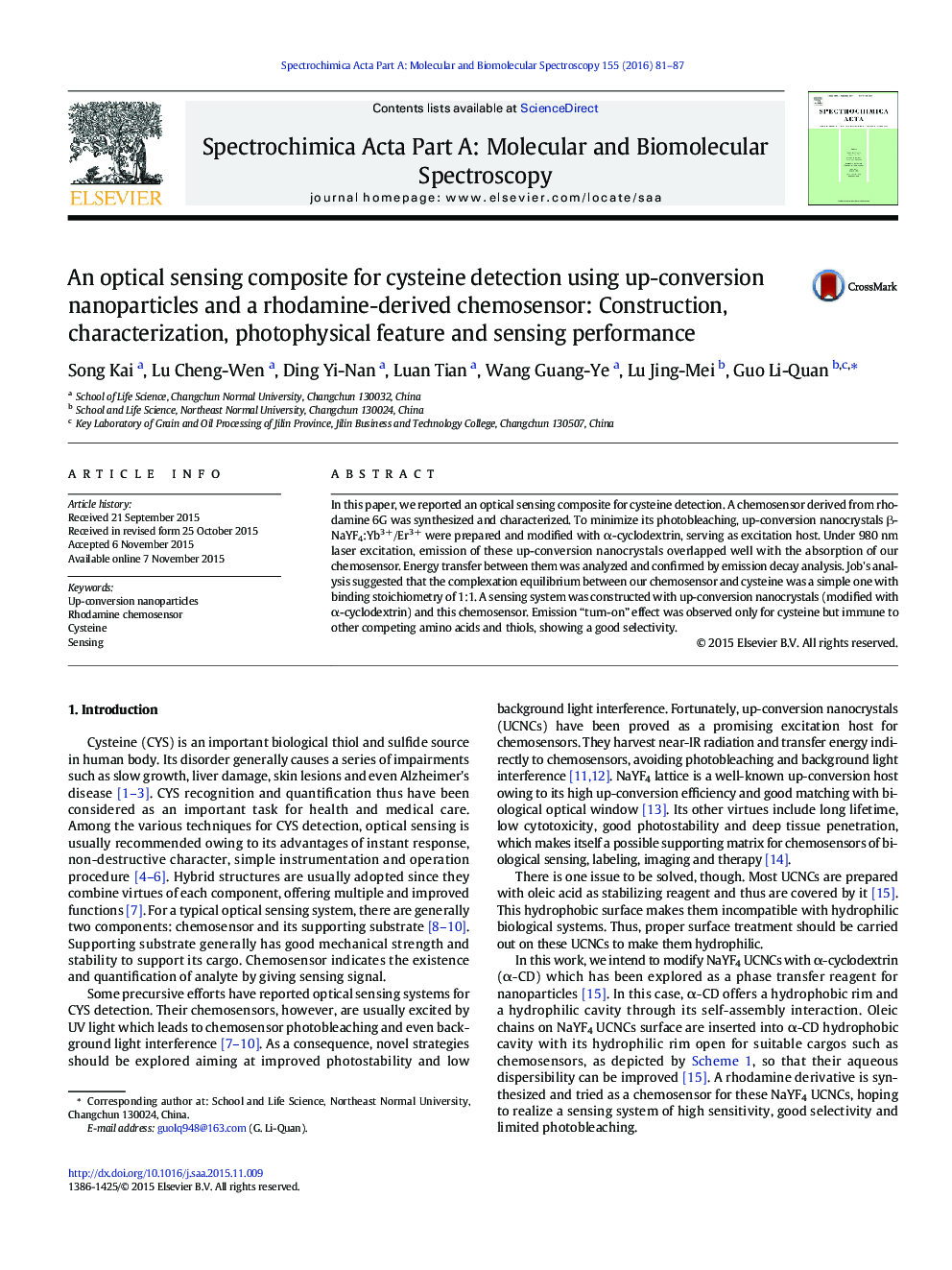 An optical sensing composite for cysteine detection using up-conversion nanoparticles and a rhodamine-derived chemosensor: Construction, characterization, photophysical feature and sensing performance