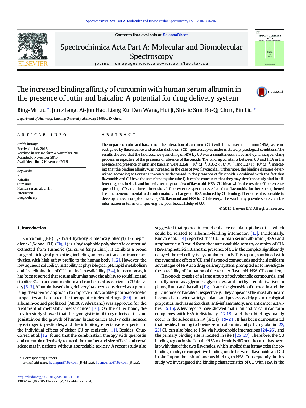 The increased binding affinity of curcumin with human serum albumin in the presence of rutin and baicalin: A potential for drug delivery system