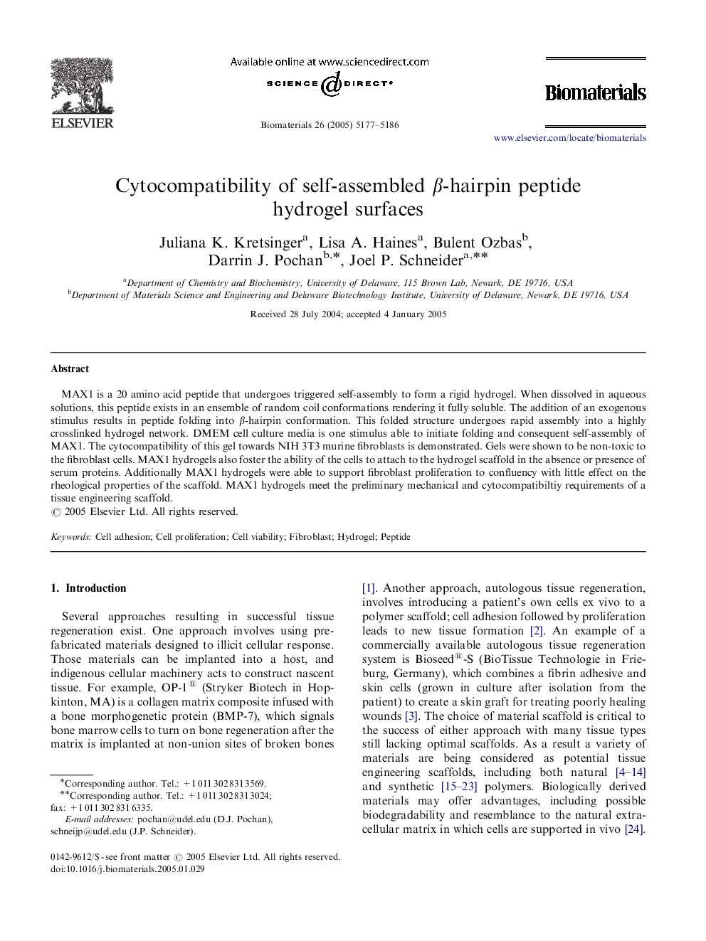 Cytocompatibility of self-assembled β-hairpin peptide hydrogel surfaces