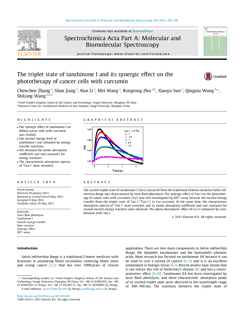 The triplet state of tanshinone I and its synergic effect on the phototherapy of cancer cells with curcumin