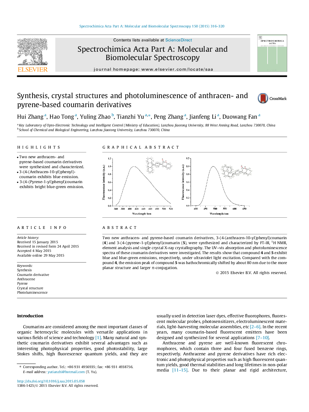 Synthesis, crystal structures and photoluminescence of anthracen- and pyrene-based coumarin derivatives