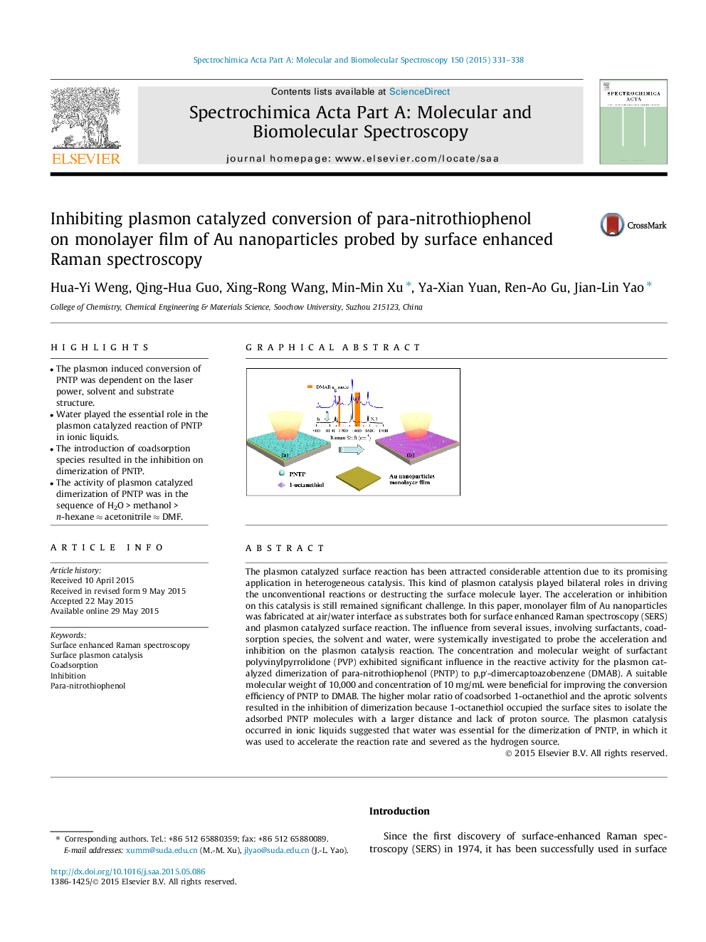 Inhibiting plasmon catalyzed conversion of para-nitrothiophenol on monolayer film of Au nanoparticles probed by surface enhanced Raman spectroscopy