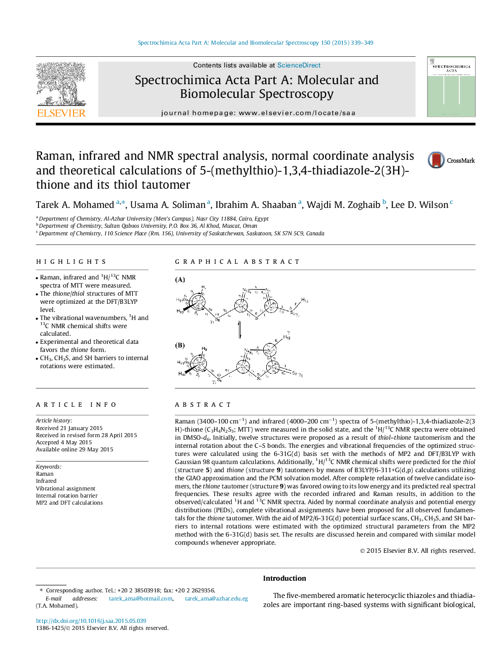 Raman, infrared and NMR spectral analysis, normal coordinate analysis and theoretical calculations of 5-(methylthio)-1,3,4-thiadiazole-2(3H)-thione and its thiol tautomer