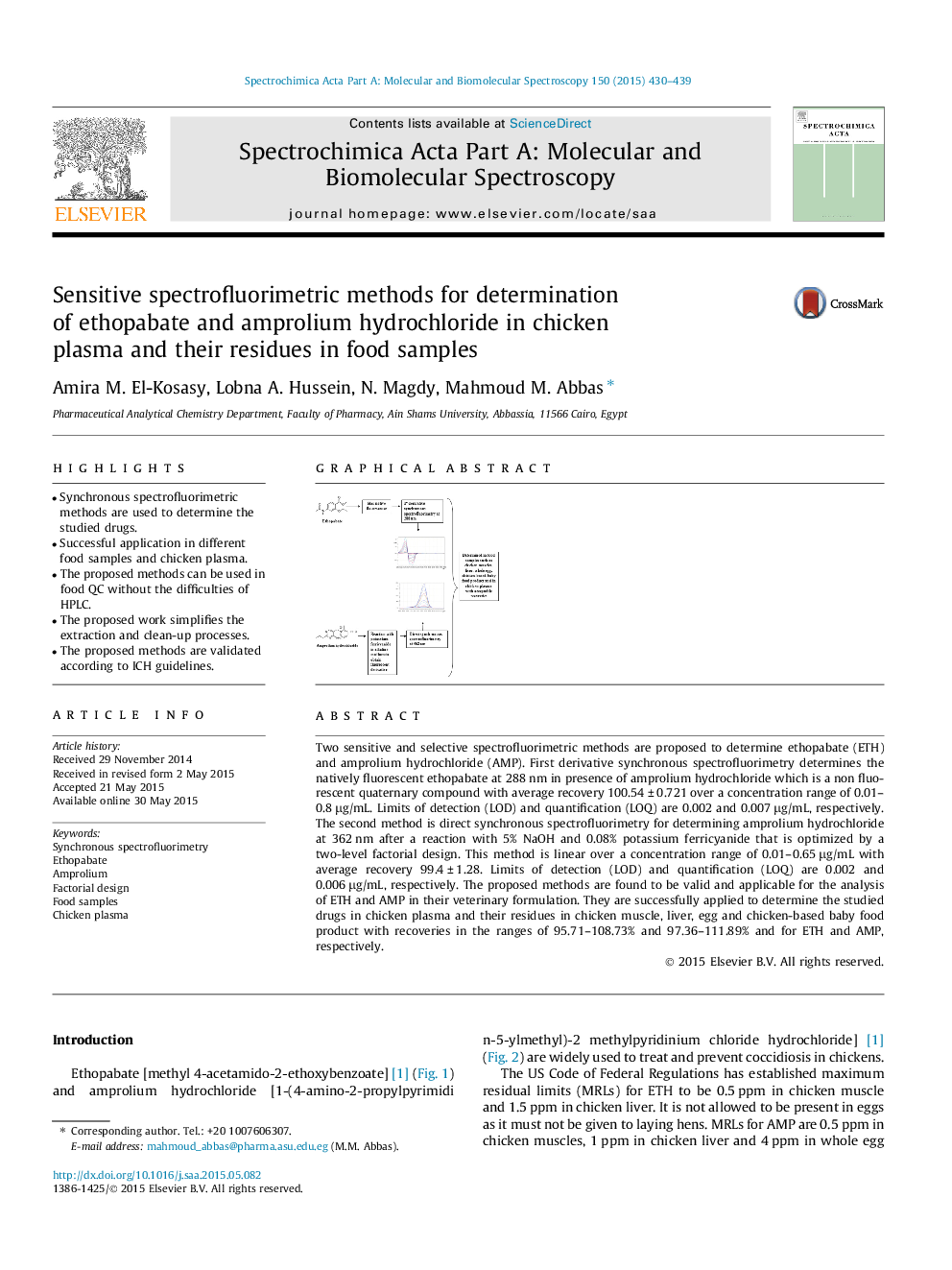 Sensitive spectrofluorimetric methods for determination of ethopabate and amprolium hydrochloride in chicken plasma and their residues in food samples