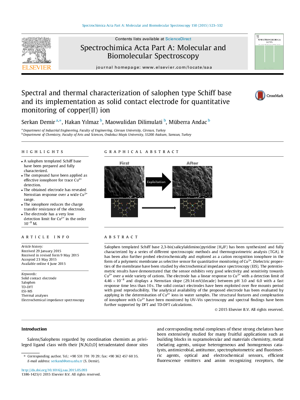 Spectral and thermal characterization of salophen type Schiff base and its implementation as solid contact electrode for quantitative monitoring of copper(II) ion