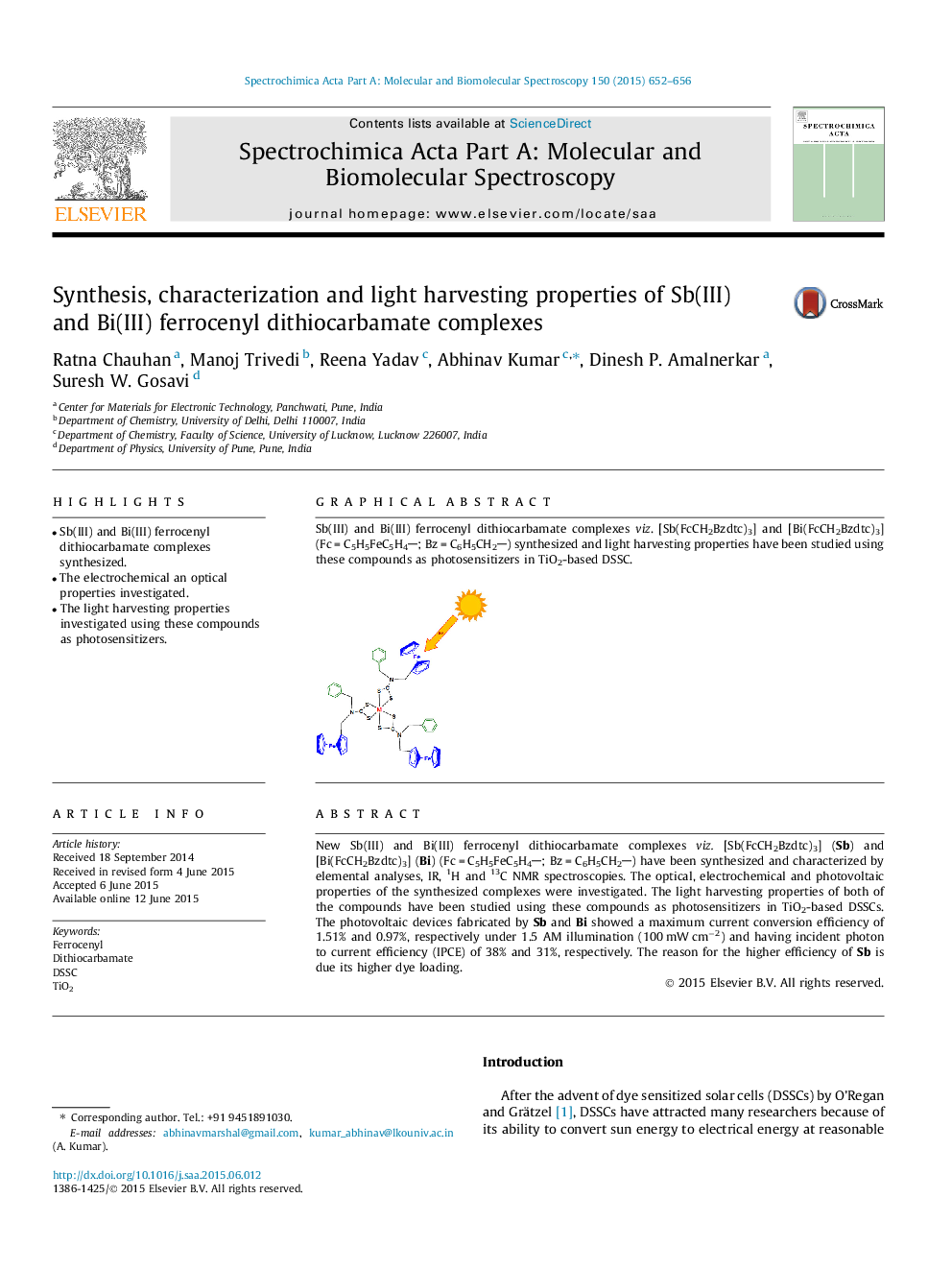 Synthesis, characterization and light harvesting properties of Sb(III) and Bi(III) ferrocenyl dithiocarbamate complexes