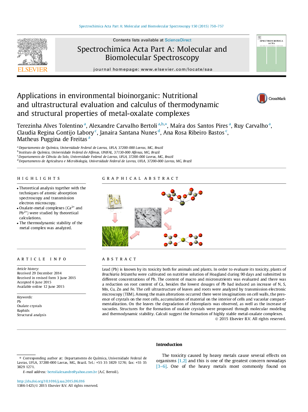 Applications in environmental bioinorganic: Nutritional and ultrastructural evaluation and calculus of thermodynamic and structural properties of metal-oxalate complexes