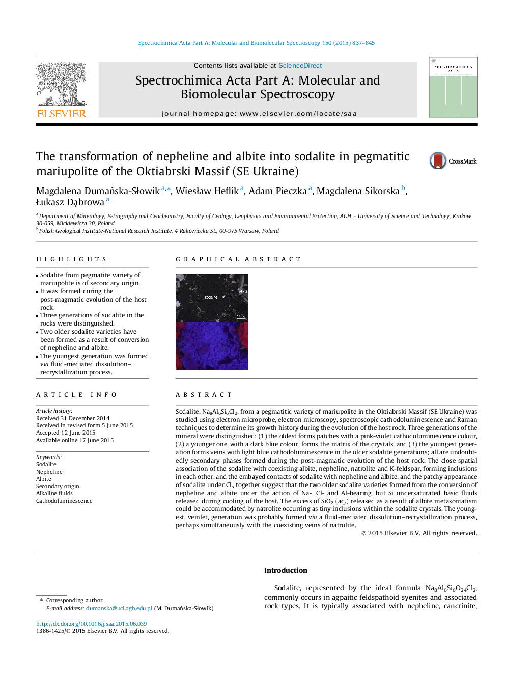 The transformation of nepheline and albite into sodalite in pegmatitic mariupolite of the Oktiabrski Massif (SE Ukraine)