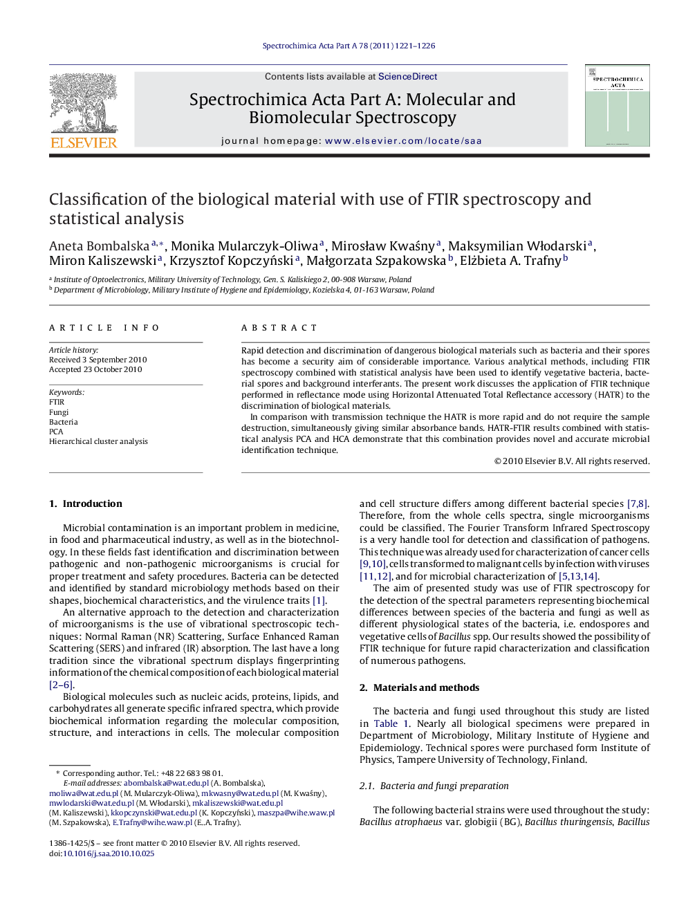 Classification of the biological material with use of FTIR spectroscopy and statistical analysis