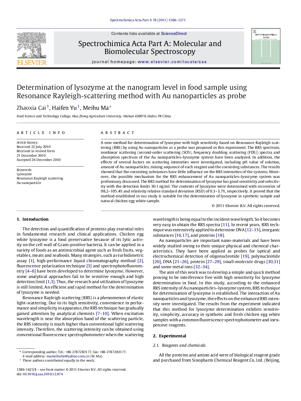 Determination of lysozyme at the nanogram level in food sample using Resonance Rayleigh-scattering method with Au nanoparticles as probe