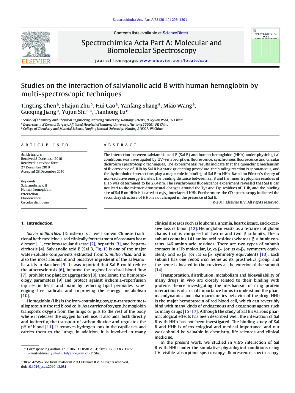 Studies on the interaction of salvianolic acid B with human hemoglobin by multi-spectroscopic techniques