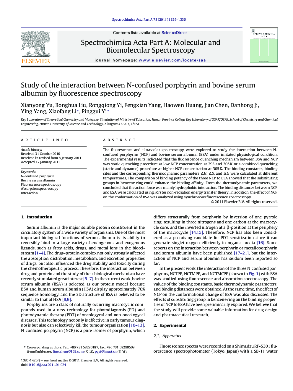 Study of the interaction between N-confused porphyrin and bovine serum albumin by fluorescence spectroscopy