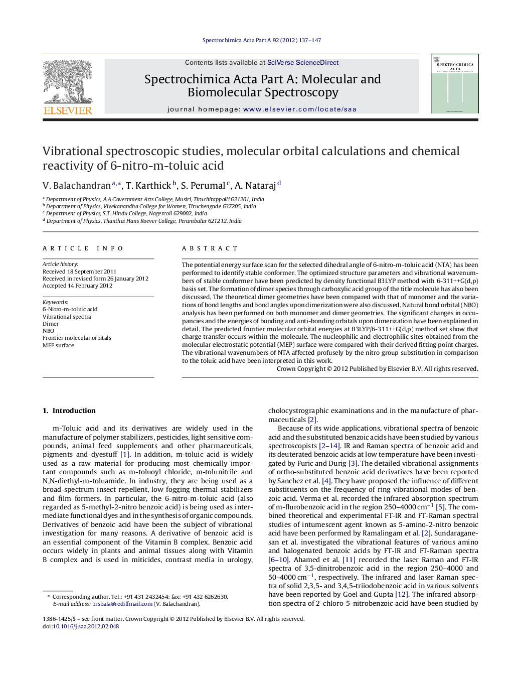 Vibrational spectroscopic studies, molecular orbital calculations and chemical reactivity of 6-nitro-m-toluic acid