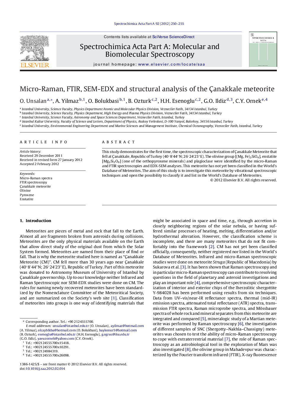 Micro-Raman, FTIR, SEM-EDX and structural analysis of the Çanakkale meteorite