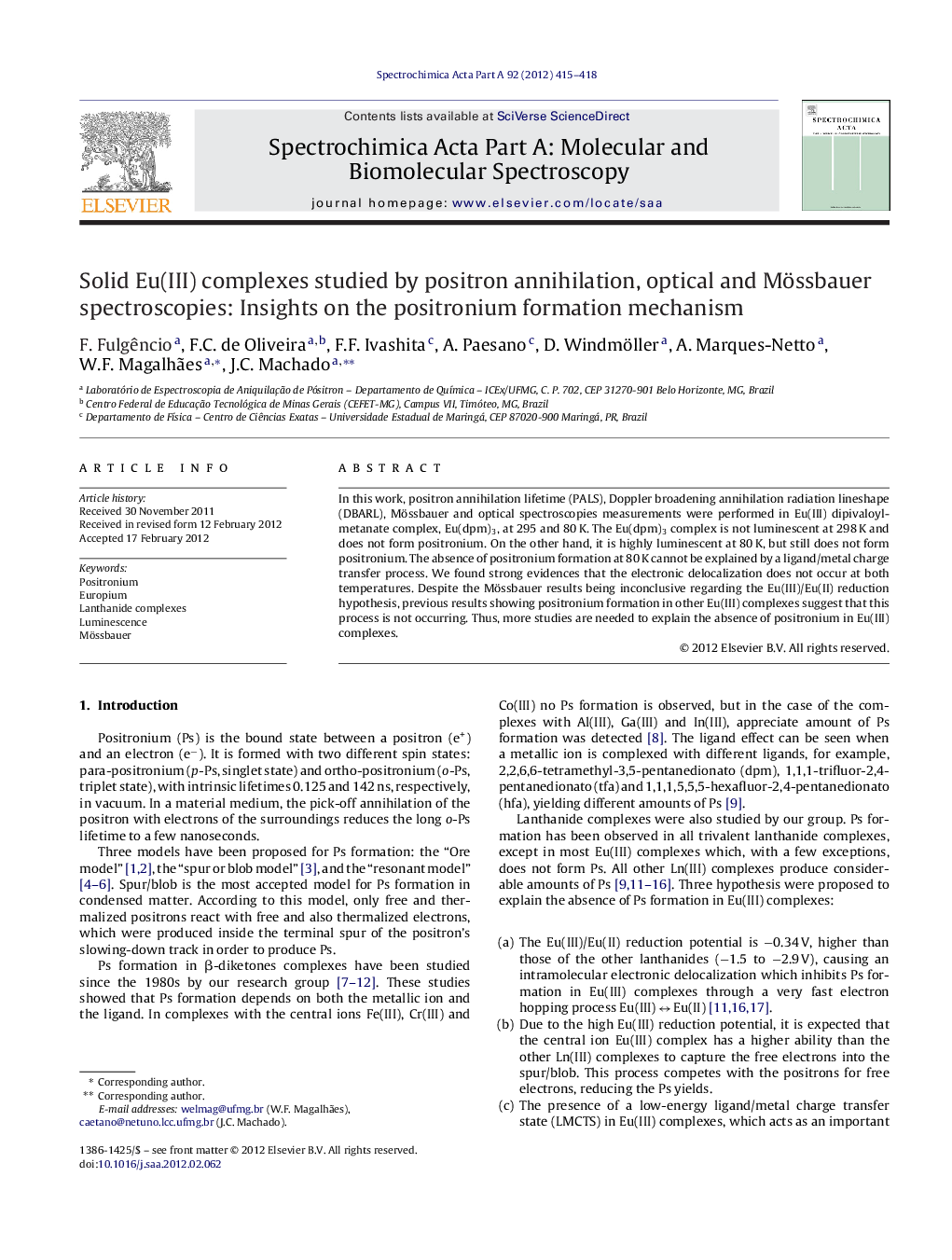 Solid Eu(III) complexes studied by positron annihilation, optical and Mössbauer spectroscopies: Insights on the positronium formation mechanism