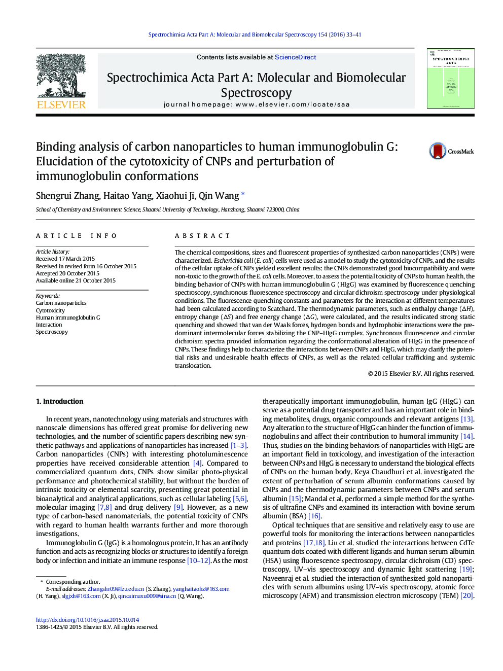 Binding analysis of carbon nanoparticles to human immunoglobulin G: Elucidation of the cytotoxicity of CNPs and perturbation of immunoglobulin conformations