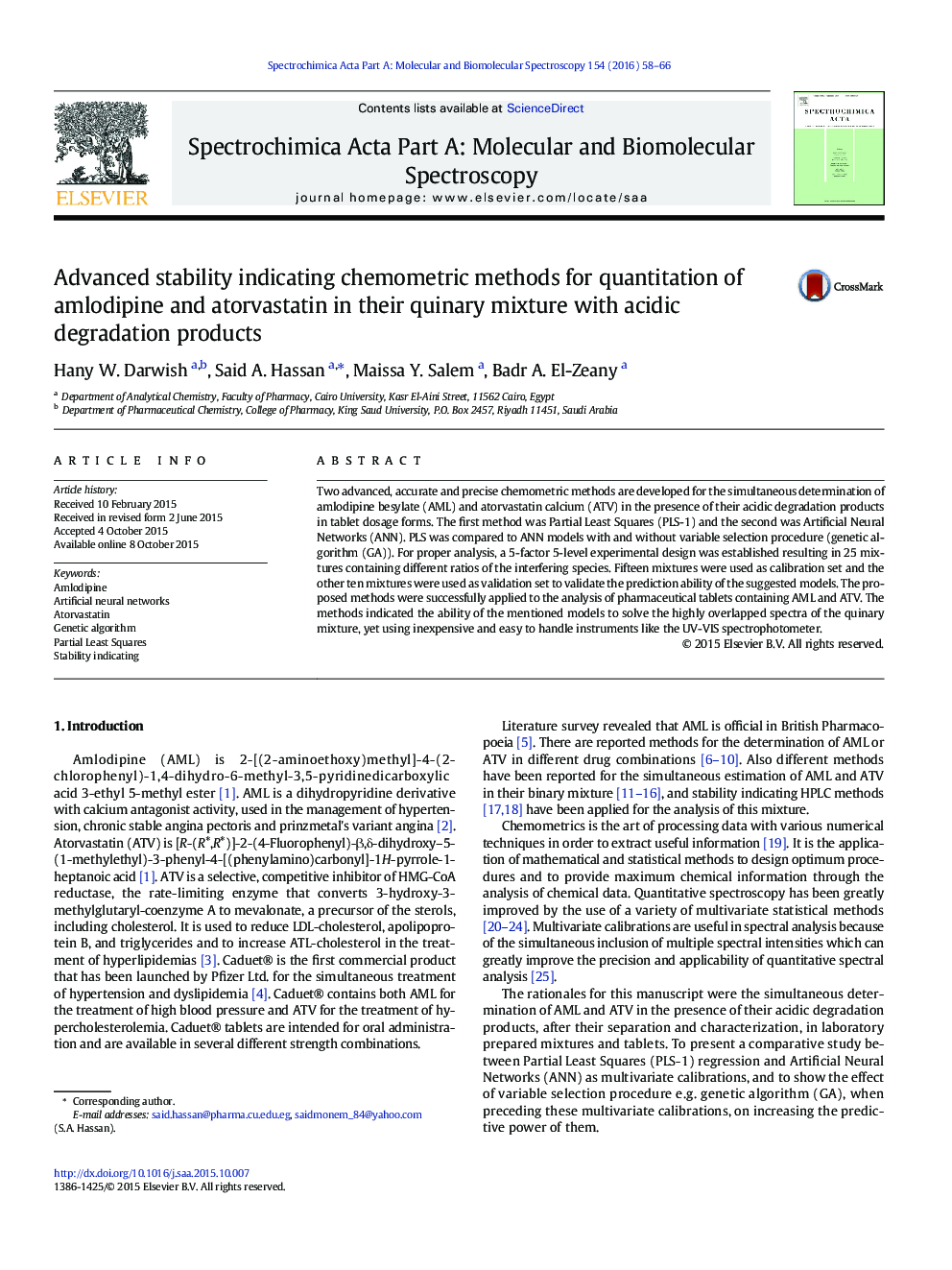 Advanced stability indicating chemometric methods for quantitation of amlodipine and atorvastatin in their quinary mixture with acidic degradation products