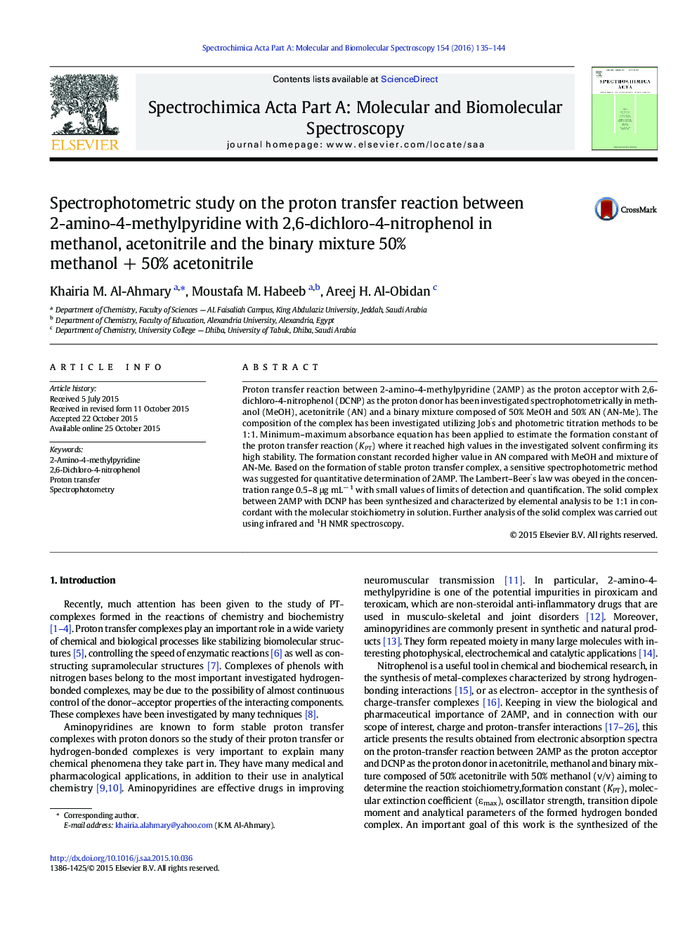 Spectrophotometric study on the proton transfer reaction between 2-amino-4-methylpyridine with 2,6-dichloro-4-nitrophenol in methanol, acetonitrile and the binary mixture 50% methanol + 50% acetonitrile