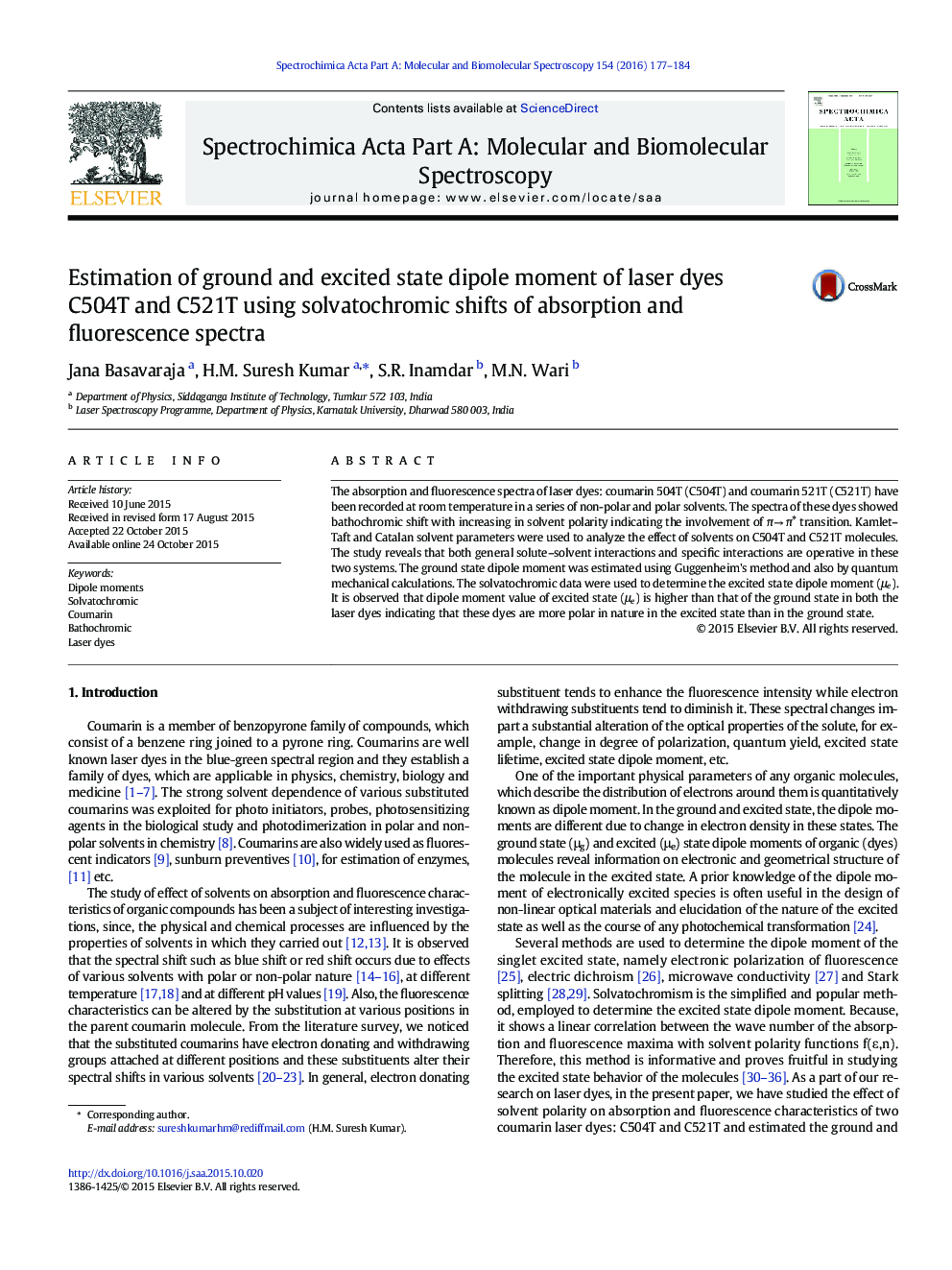 Estimation of ground and excited state dipole moment of laser dyes C504T and C521T using solvatochromic shifts of absorption and fluorescence spectra