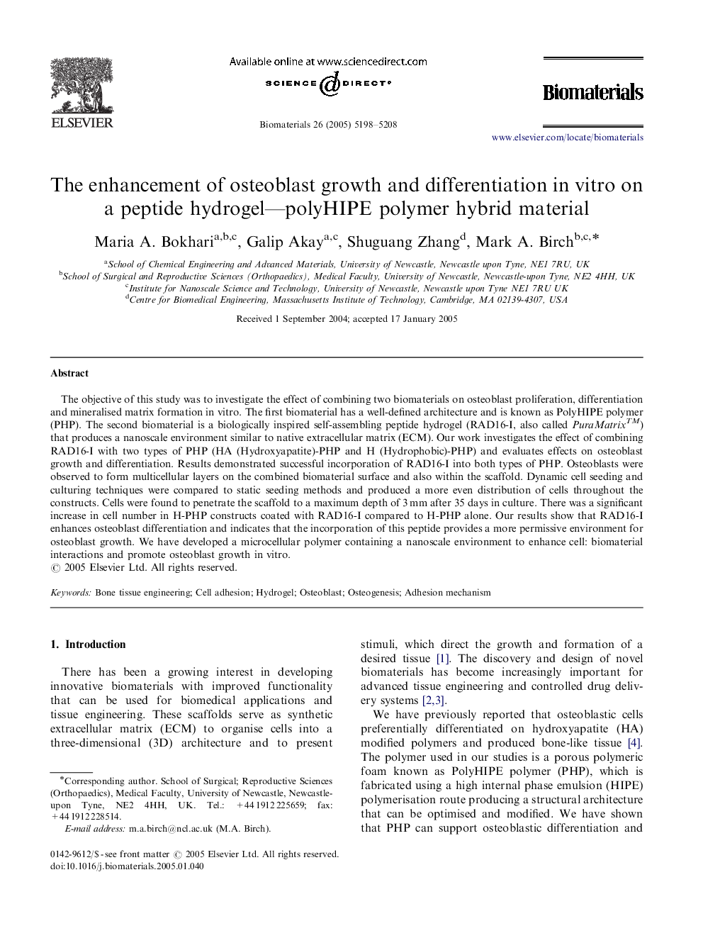 The enhancement of osteoblast growth and differentiation in vitro on a peptide hydrogel—polyHIPE polymer hybrid material