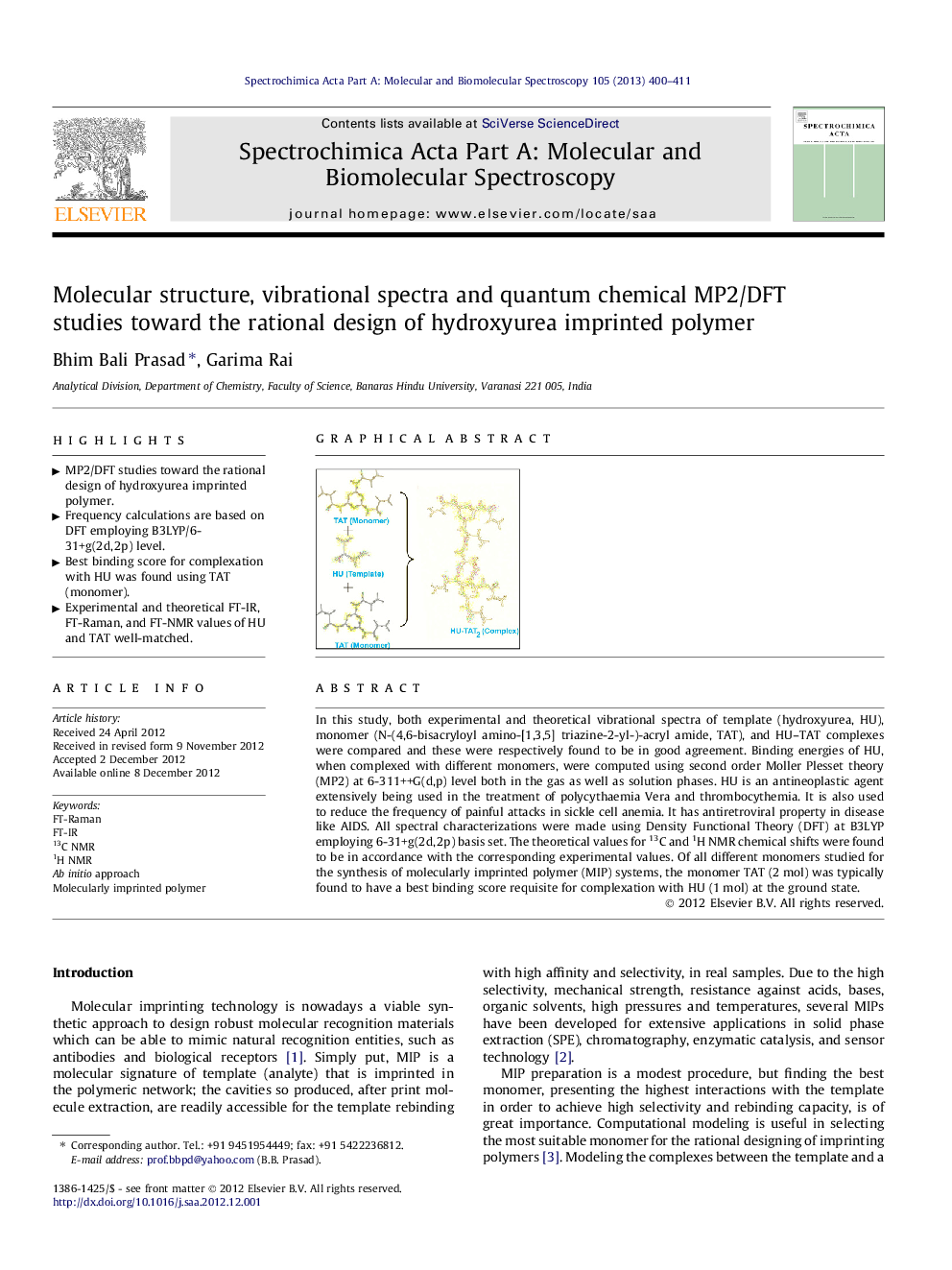 Molecular structure, vibrational spectra and quantum chemical MP2/DFT studies toward the rational design of hydroxyurea imprinted polymer