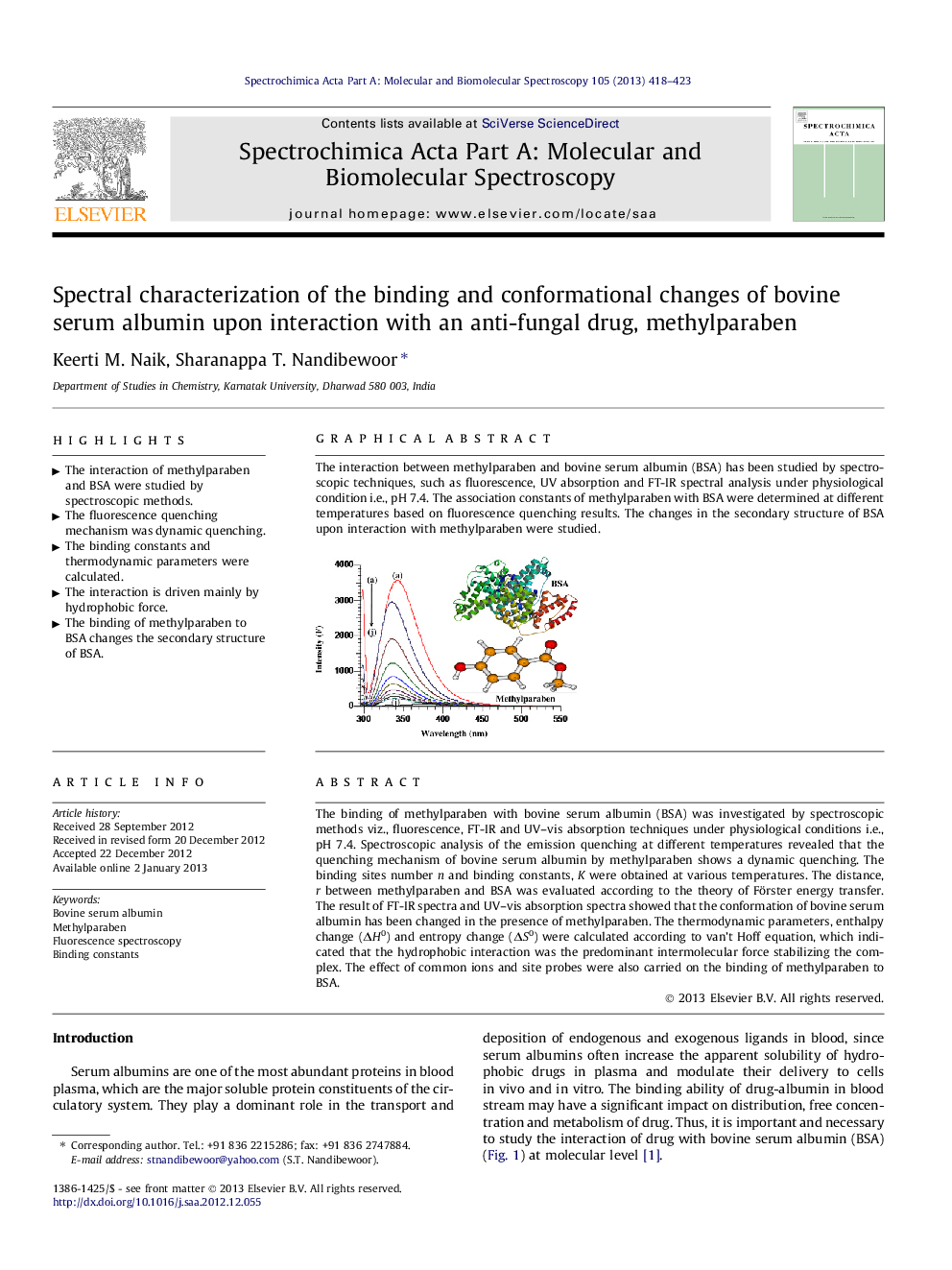 Spectral characterization of the binding and conformational changes of bovine serum albumin upon interaction with an anti-fungal drug, methylparaben